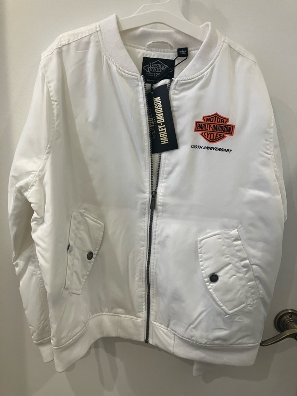 Harley-Davidson White Bomber Jacket with Orange Logo - Picture 1 of 3